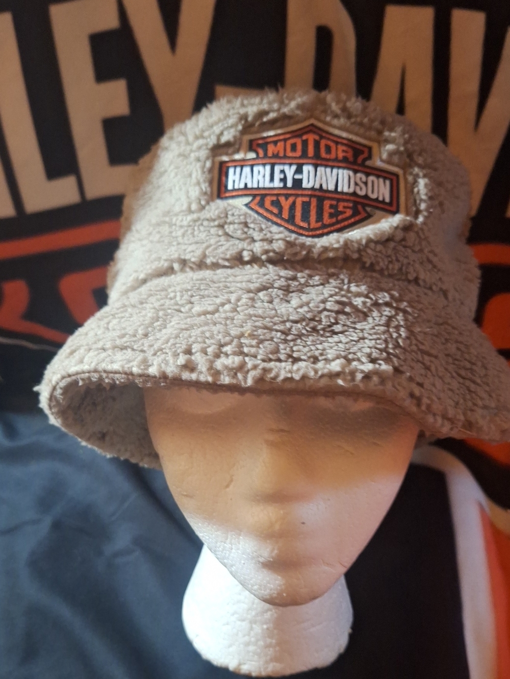 Harley-Davidson Kids Beige Sherpa Bucket Hat with Orange Logo Patch